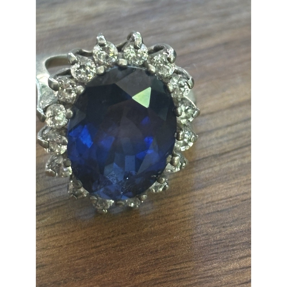 925 Silver Blue Sapphire & Zircon Jewelry Ring Size 6.5 Princess Ring